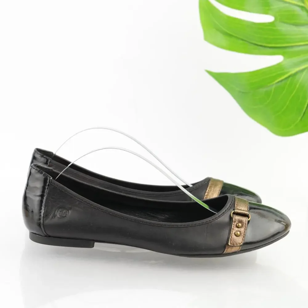 Born Womens Masia Ballet Flats Size 7 Black Leather Patent Cap Toe Slip On Shoes